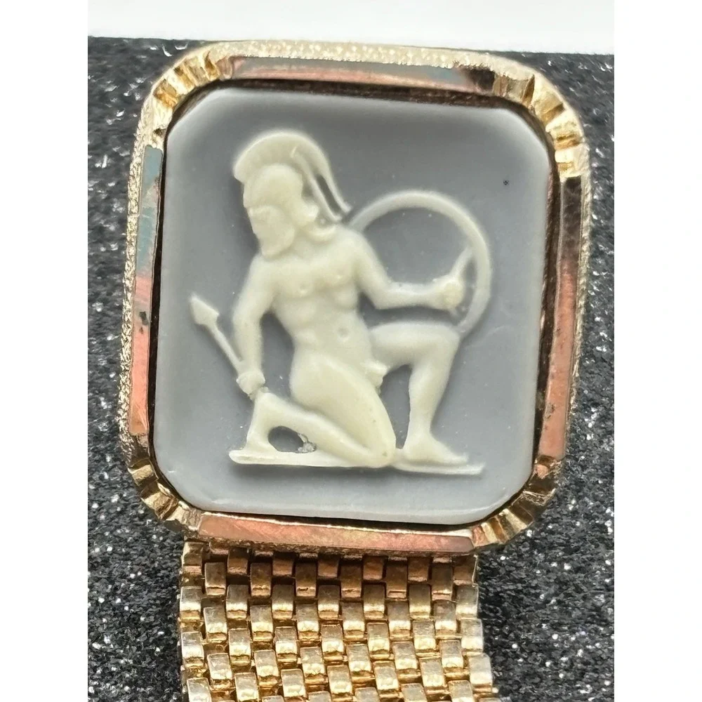 Vintage SWANK Roman Soldier Cameo Cufflinks Tie Tac Set Gold Tone Mesh